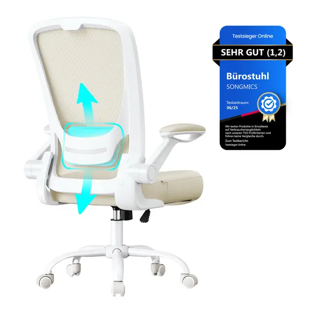 SONGMICS Bürostuhl ergonomisch, Drehstuhl mit Mesh, Lenden- und Kopfstütze, Wippfunktion, 53 cm große Sitzfläche, klappbare Armlehnen, Arbeits- und Schlafzimmer, Studenten, haferflockenbeige OBN037K02