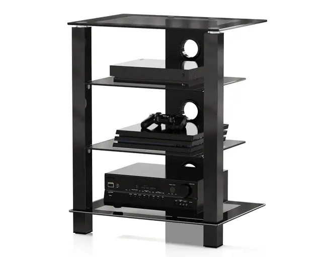 FITUEYES HiFi Rack aus Glas & Alu mit Kabelmanagement, Plattenspieler Regal mit Höhenverstellbaren Ablagen für Plattenspieler, Stereoanlagen & Kompaktanlage, 570x420x739 mm, AS406003GB