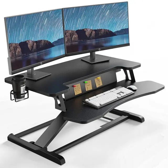 PUTORSEN Steh-Sitz Schreibtisch, 37'' Zweistufige Stehpult Konverter mit Tastaturablage, Höhenverstellbarer Stehpult Riser mit Tassenhalter und Notizbrett bis zu 15kg, Schwarz