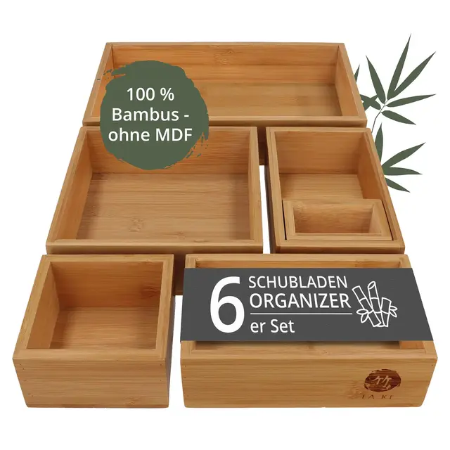 TAKE® 6-teiliges Schubladen Organizer aus 100% Natur Bambus - Boxen in vers. Größen für Küche, Bad & Büro, Schminktisch Organizer Bad, Drawer Organizer