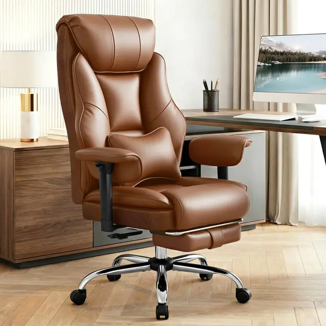 WOLTU Bürostuhl ergonomisch, Chefsessel Doppellagige weiche Rückenlehne, 3-stufige Rückenlehnenverstellung, mit Lendenwirbelstütze, Fußstütze, für Büro, Besprechungsraum, PU, Braun