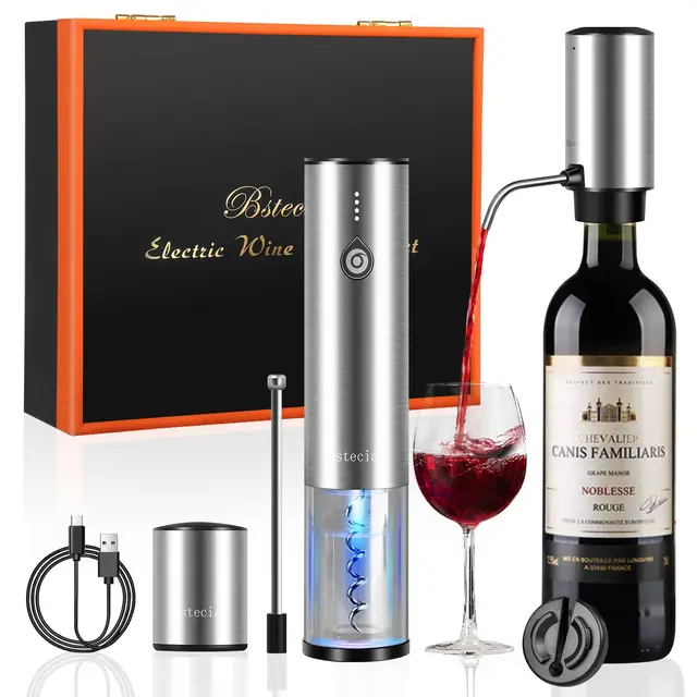 Elektrischer Weinkorkenzieher 4-in-1 Geschenkbox Set mit Automatischer Weindekanter & Weinöffner, Vakuumstopfen, Kapselschneider - USB-C Schnelladung für Weinliebhaber