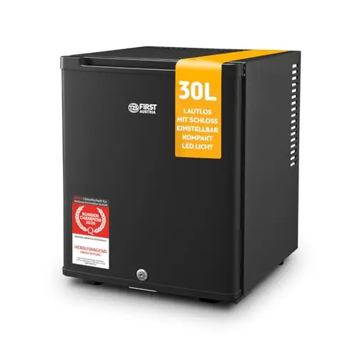 TZS First Austria - Mini Kühlschrank 30L komplett lautlos - Kleiner Minikühlschrank, wechselbarer Türanschlag & Innenbeleuchtung - Minibar für Camping, Büro, Schlafzimmer & Hotel - Mattschwarz