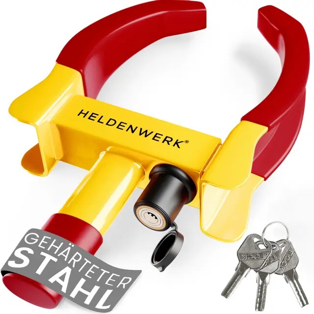 HELDENWERK® Parkkralle Radkralle mit Hochsicherheitsschloss & 3 Schlüsseln - für Anhänger, Wohnmobil, Wohnwagen, Auto - PKW Reifenkralle, Autokralle, Rad-Kralle für 18-30cm Reifenbreite (Gelb/Rot)