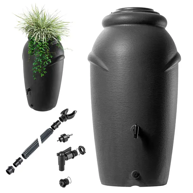 KADAX Regentonne aus Kunststoff 210 L, Regenwassertank mit Wasserhahn, Pflanzschale und Deckel, Dekorativer Regentank, Frostsicheres Regenfass