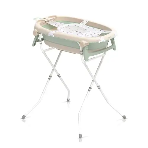 Neno Lucy Stand Baby Badewanne mit Gestell und Thermometer - Faltbare Babywanne - Babybadewanne mit Ständer - Kinderbadewanne ab Geburt zum 30kg – Ablaufschlauch, Rutschfester Innenmatte - 89x52 cm