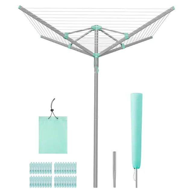 SONGMICS Wäschespinne, Wäscheständer, drehbar, klappbar, draußen, Garten, mit Wäscheklammern, Schutzhülle, silbern, 50 m Wäscheleine, für 5 Waschladungen LLR307EZ01