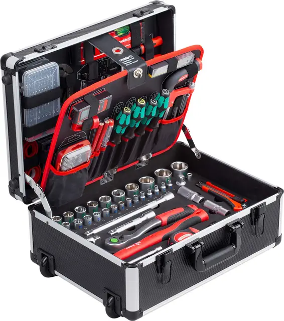 Meister Werkzeugtrolley 238-teilig - Mit Qualitätswerkzeug von Knipex & Wera - Teleskophandgriff / Profi Werkzeugkoffer befüllt / Werkzeugkiste fahrbar auf Rollen / Werkzeugbox / 8973770
