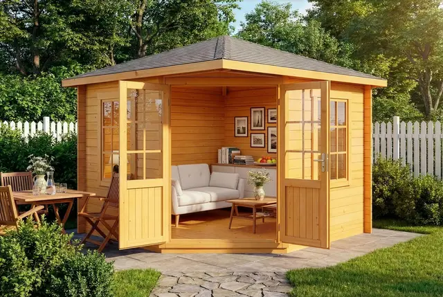Alpholz 5-Eck Gartenhaus Monica aus Massiv-Holz, Gerätehaus mit 40 mm Wandstärke, Garten Holzhaus inklusive Montagematerial, Geräteschuppen Größe: 300 x 300 cm, Spitzdach