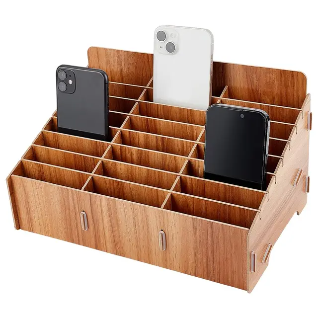 BENECREAT 24 Gitter Holz Mobiltelefone Aufbewahrungsbox, Teakholz Farbe Handy-Management-Aufbewahrungsbox Desktop-Organizer für Uhren, Brieftaschen, Münzen, Schlüssel