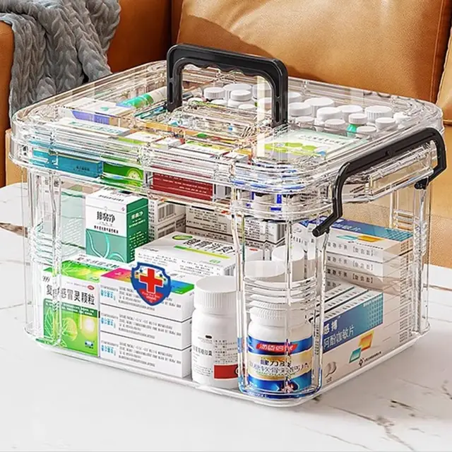 Medikamenten Aufbewahrung,Medizinbox Hausapotheke box mit Griff und herausnehmbarem Fach,Doppellagig Multifunción Aufbewahrungsbehälter Große Kapazität für Gadgets,Kosmetische (Transparente-S)