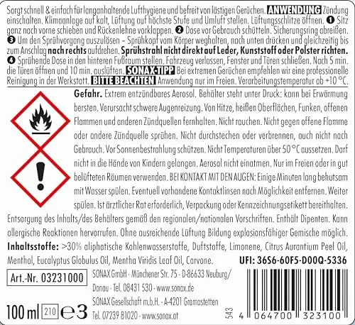 SONAX KlimaPowerCleaner AirAid symbiotisch (100 ml) sorgt schnell und einfach für langanhaltende Lufthygiene und befreit dauerhaft von lästigen Gerüchen | Art-Nr. 03231000