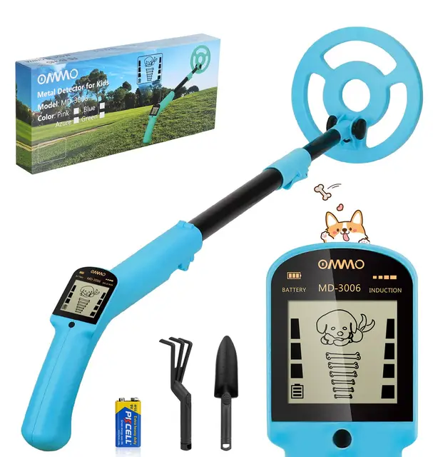 OMMO Metalldetektor für Kinder, Hochpräziser Metalldetektoren mit LCD-Display, Leichter Kinder-Metalldetektor mit Verstellbarem Stiel, 6 '' Suchspule, Golddetektor mit Schaufel Rechen, Azure