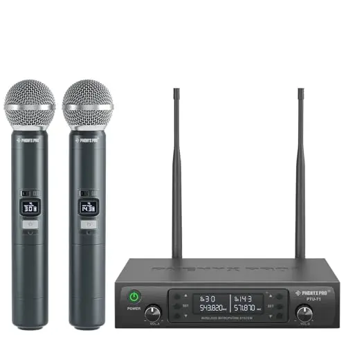 Phenyx Pro Drahtloses Mikrofonsystem, Dynamisches Funkmikrofon, 2x100 Einstellbare UHF Dual, Auto Scan, 328ft Reichweite, Für Gesang, Karaoke, Kirche (PTU-71A)