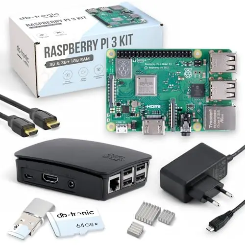 db-tronic Raspberry Pi 3 B+ 1GB Starter Set | 64GB Edition | Netzteil | Gehäuse | Kühlkörper | 4K HDMI Kabel | Ideal für Smart Home, Retro Gaming & DIY Projekte