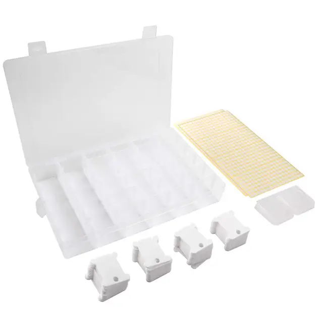 Aufbewahrungsbox für Stickgarn, Set von 120 Stickgarn-Spulen aus weißem Kunststoff, Box mit 36 Fächern, 476 runde blanco Aufkleber, Basteln, DIY, Nähen, Aufbewahren
