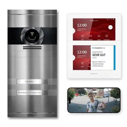 Metzler VDM10 2.0 Video Sprechanlage Komplett Set mit austauschbarem Namensschild - Anschluss LAN/POE - Türsprechanlage mit HD-Kamera und Bildschirm für 2 Familienhaus, aus rostfreiem V2A Edelstahl