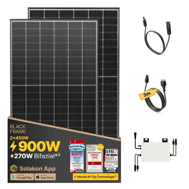 Solakon® 900W Balkonkraftwerk - Balkonkraftwerk 800W komplett Steckdose - neuester 800 Watt Wechselrichter - Solaranlage Komplettset - 450W bifaziale Solarmodule inkl. Zubehör - 3m Kabel