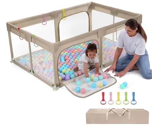 Dripex Laufgitter für Babys, Laufstall mit atmungsaktivem Netz, Spielgitter für Babys, 5 Laufgitterringe, 120 x 180 cm, Braun