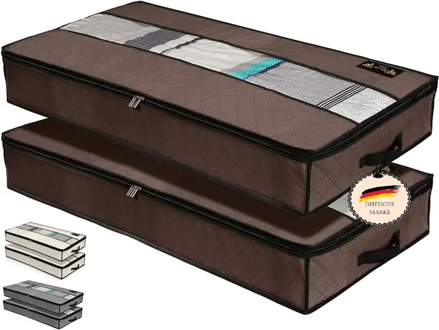 NEU Unterbettkommode 2er Set- Unterbett Aufbewahrungstasche - wasserdichte Unterbett Aufbewahrung aus Stoff - Clothes Storage Bag - Verstauen und Aufbewahren von Bettwäsche und Kleidung (BRAUN)