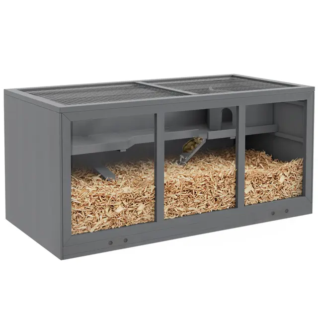 PawHut Hamsterkäfig aus Holz 3 Etagen Nagerkäfig mit reinigbar Ablage Kleintierkäfig mit klappbarem Deckel Treppen Holzkäfig Käfig für Hamster Zwerghamster 115 x 57 x 55 cm Grau