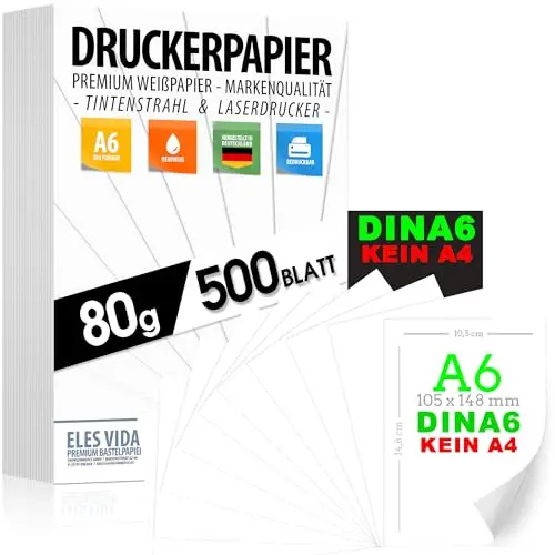 Druckerpapier 80g weiß A6-500 Blatt – 10,5 x 14,8 cm - PREMIUM PAPIER Reinweiß - Kopierpapier, Laserdrucker & Tintenstrahl für Uni, Fotografie, Büro & Office - MADE IN GERMANY - ACHTUNG DIN A6