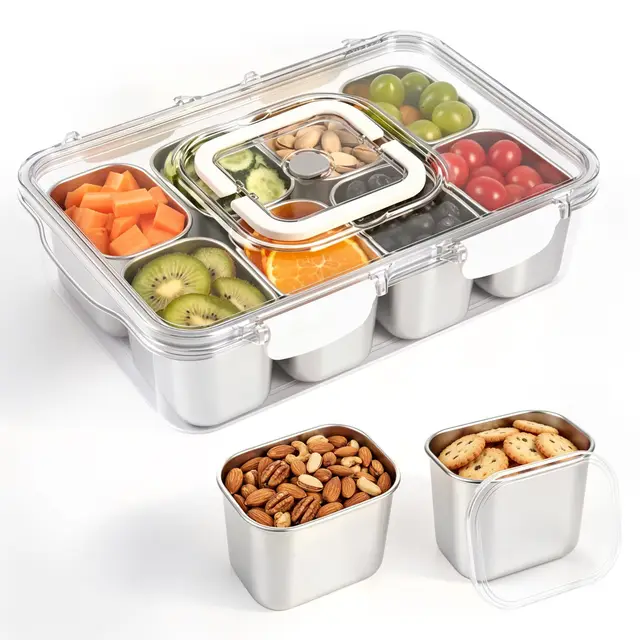 Snackbox mit 8 Fächern Edelstahl, Snackteller mit Griff und Einzelnen Deckeln, Reusable and Dishwasher Safe, Leicht zu Reinigen, für Picknicks, Partys, zum Servieren von Snacks, Obst