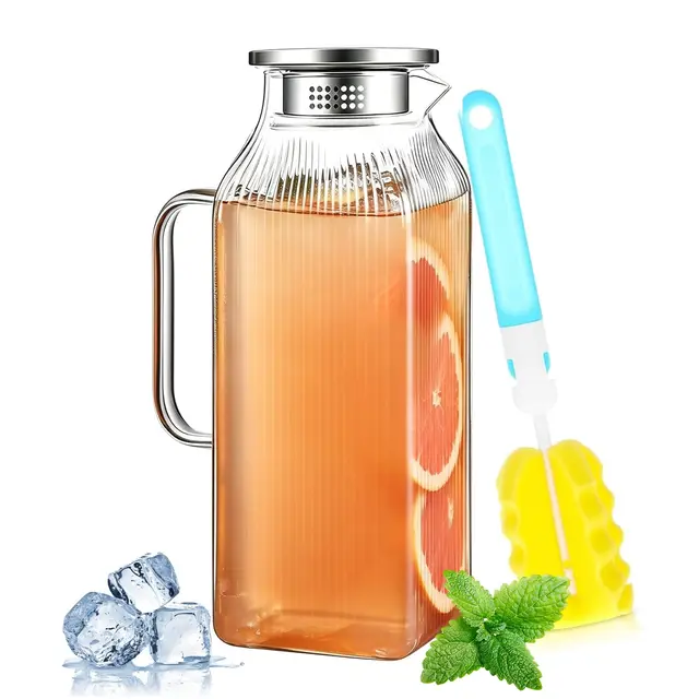 Glaskaraffe 2 Liter, Wasserkaraffe mit Deckel,Karaffe Glas für Kühlschranktür, Wasserkrug Quadratischer für Milch DIY Getränke Kaltes Heißes Wasser Eistee Wein Saft Tee (Vertikale Streifen)
