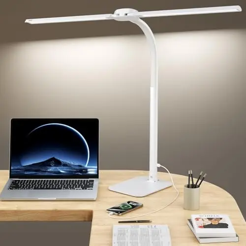 Kary LED Schreibtischlampe Dimmbar 24W Doppelkopf mit USB-Ladeanschluss