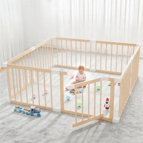 Baby Laufstall aus Holz mit Tür & Sicherheitsverschluss - Robustes Laufgitter zum Zusammenbauen, individuell formbares Krabbelgitter & Absperrgitter für Babys und Kleinkinder(135 * 135 * 61 cm)