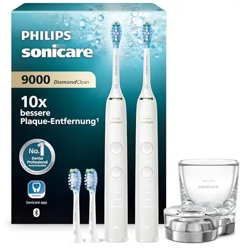 Philips Sonicare DiamondClean 9000 elektrische Zahnbürste, Doppelpack, Zahnbürste mit Schalltechnologie inklusive App, Drucksensor, 4 Putzmodi, 3 Intensitätsstufen, Ladeglas, weiß, Modell HX9914/62