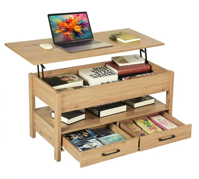 Couchtisch, Höhenverstellbarer Wohnzimmertisch, offener und versteckter Stauraum, 2 Schubladen, Sofatisch, Beistelltisch, 100 x 50 x (49-63) cm, Eiche