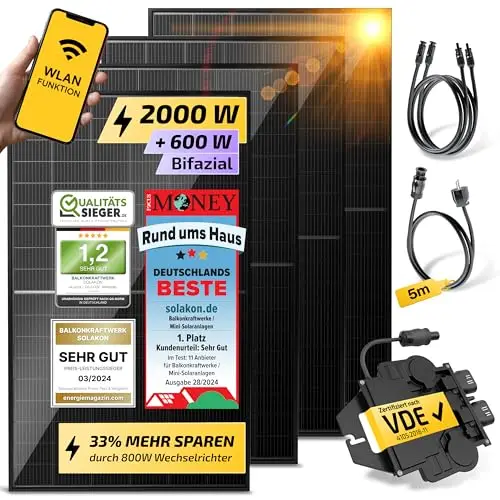 Solakon Balkonkraftwerk 2000W komplett Steckdose - Balkonkraftwerk 2000 Watt neuester Wechselrichter 800W - Solaranlage Komplettset mit 4x500W Solarpanel/Solar Panels mit 5m Kabel