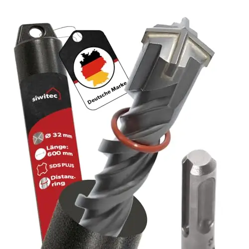 siwitec SDS Plus Bohrer 32 x 600 mm, SDS Bohrer für Stahlbeton, Stein und Beton, Steinbohrer inkl. Distanzring, Betonbohrer mit 4-Schneiden Geometrie und Doppelwendel