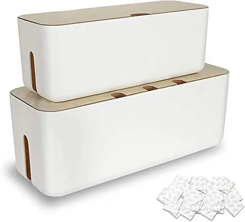 SENENQU 2er-Set Kabelbox Weiß, Große Kabel Organizer Box mit Holzdeckel für Kabel, Große und Kleine Kabelmanagement Box Adapter, Steckerleisten, Kabel Verstecken Box mit 20 Doppelseitige Aufkleber