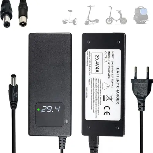 29.4V 4A Ladegerät für 24V 7S Lithium-Ionen-Akku, Intelligentes Schnellladegerät mit LCD-Echtzeit-Spannungsanzeige & Kühlventilator, DC 5,5x2,1mm / 2,5mm Stecker für E-Bike, Elektro-Roller
