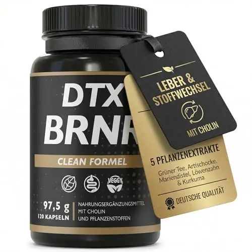 DTX BRNR Leber + Stoffwechsel Kapseln mit Cholin & Pflanzenextrakten, cleane Formel - Grüner Tee, Artischocke, Mariendistel, Löwenzahn & Kurkuma – 120 vegane Kapseln
