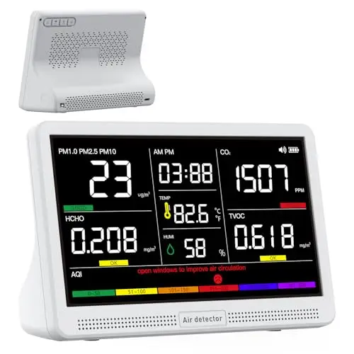 bonoch 16 in 1 Luftqualität Messgerät Luftmessgerät 9 AQI + 7 AQI Warnungen Air Quality Monitor für CO2, TVOC, PM2,5, PM1,0, PM10, HCHO, Temperatur Feuchtigkeit AQI & Uhrzeit Luftqualitätsmonitor
