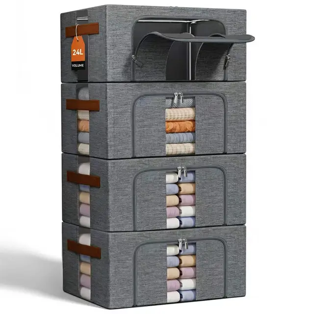 Kleidung Aufbewahrungstasche Faltbar Metallrahmen: Stapelbare Aufbewahrungsbox mit Deckel für Kleiderschrank Organizer Storage Pullover T-Shirts Bettwäsche (Grau 4x24L)