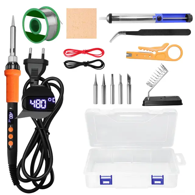 Lötkolben-Set, 90W LCD-Display, einstellbare Temperatur 180–480 °C Lötkolben mit automatischer Schlafmodus,5 Lötspitzen, 50g Lötdraht, Entlötpumpe, Ständer, Pinzette. Ideal für Elektroarbeiten