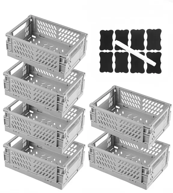 6 Stück Klappbox mit Aufkleber Stifte Faltbare Aufbewahrungskörbe Grau 15×9,8×5,7 cm