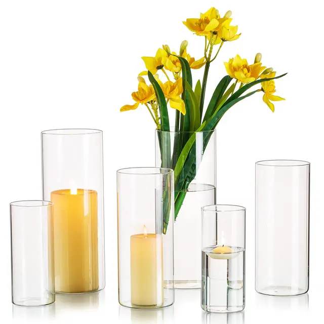 Hewory Vasen Set Glasvase Zylinder: 6er Glasvasen für Tischdeko Hochzeit, Groß Vase Glas Kerzengläser Windlicht Glas, Kerzenhalter Zylindervasen Set für Wohnzimmer Deko Hochzeitsdeko, 15/20/25cm