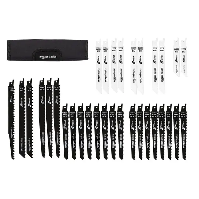 Amazon Basics Sägeblatt-Set für Säbelsägen, mit Aufbewahrungstasche, 32 Stück, Schwarz und Weiß