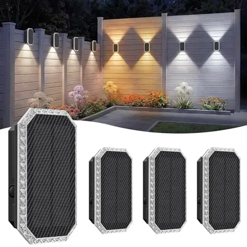 TECKNET Solar Wandleuchten für außen, Solarlampen für außen Wand mit Up & Down Licht, IP67 Wasserdicht Wandleuchte Aussen Solar, 3 Farben (3000K/4000K/6500K), für Haus Garten Zaun Hof, 4 Stück