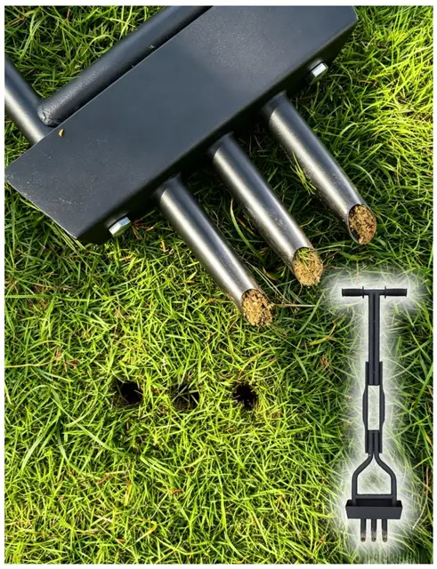 Manueller Rasenbelüfter mit 3 Hohlspoon-Zinken & Auffangrahmen schwarz, 99cm Länge & 21.5cm Breite, Aerifizierer für verdichtete Rasenflächen im Garten