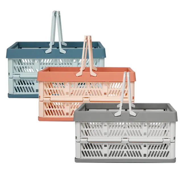 3 Stück Faltbarer Klappbox Klein mit Griffen Camping Klappbox Plastik Platzsparend Faltkiste Einkaufskorb Faltbar für Küche Bad Büro Schlafzimmer Schrank(30.5x20.5x16.5cm)