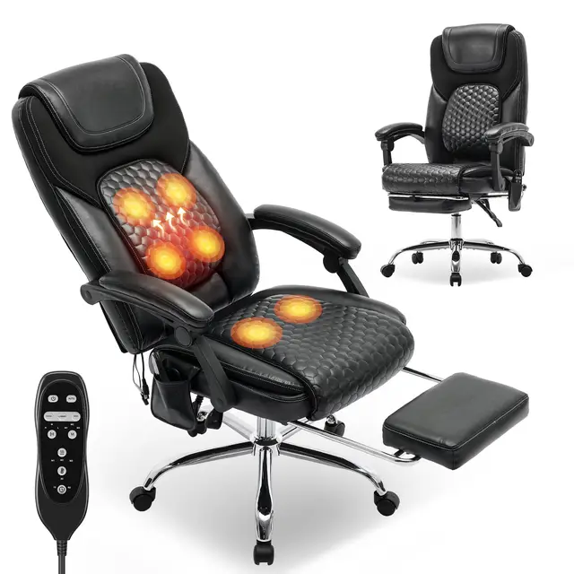 COLAMY Ergonomischer Chefsessel aus Leder mit 6-Punkt-Massage & 3-Stufen-Heizfunktion, höhenverstellbar, verstellbare Rückenlehne, ausziehbare Fußstütze – Büro & Home Office, Schwarz