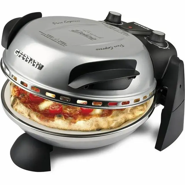 G3 Ferrari elektrischer Pizzaofen Delizia G1000606 silber, bis 400 Grad mit feuerfestem Naturstein/Pizza und Fladen uvm. in 3 Minuten/auch für Tisch und Garten, 33.5 x 20 x 35 (L x H x P) cm