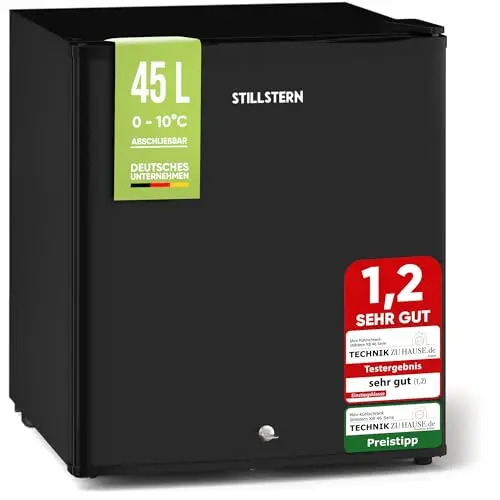 Stillstern Mini Kühlschrank E 45L mit Abtauautomatik, Schloss, Frostfach, Leise, Ideal für Küche, Büro, Schlafzimmer, Hotels und kleine Wohnungen Kühlschrank klein Minibar R600A Getränkekühlschrank