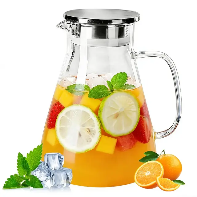 Teekanne Glas 1700 ml, Glaskaraffe mit Deckel, Teekanne mit Edelstahlsieb, Karaffe mit Deckel für heiße und kalte Getränke, Wasserkaraffe für Hausgemachte Getränke, Milch, Wein, Saft